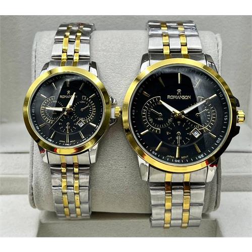 ساعت مچی زنانه و مردانه رومانسون بند طلایی و صفحه مشکی کد 353