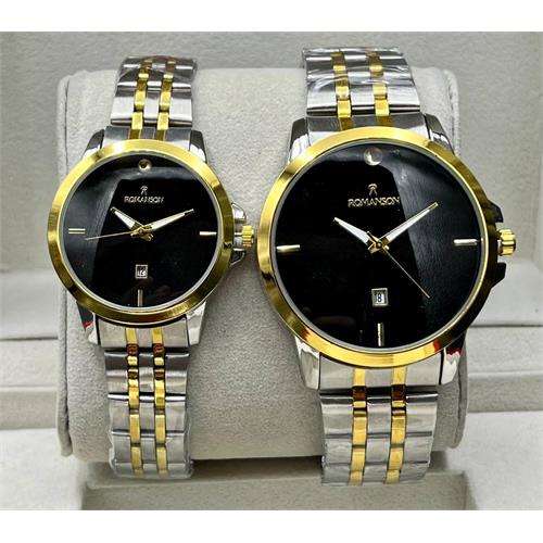 ساعت مچی بند استیل دو رنگ صفحه مشکی رومانسون کد 337
