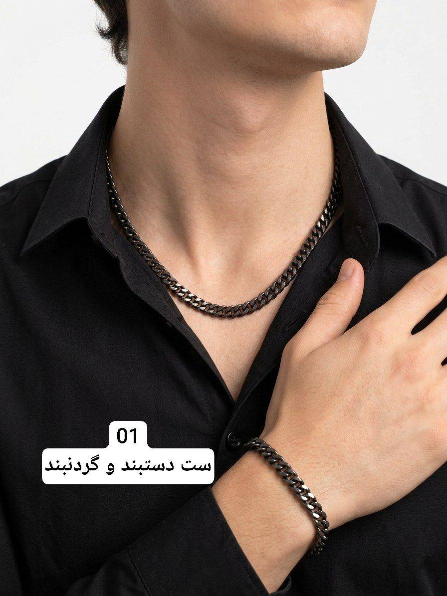 ست گردنبند و دستبند مردانه کارتیه سیاه قلمی رنگ ثابت كد2246